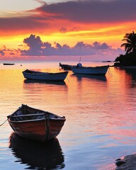 Serene Tropical Bay at Sunset with Charming Small Boats Anchored in Vibrant Waters