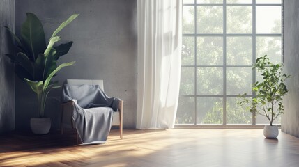 Bright, elegant loft with polished concrete walls, wood flooring, and a cozy cloth chair near the large window.