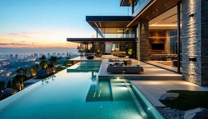 Fototapeta premium A sleek modern home with a façade of natural stone and expansive floor-to-ceiling glass walls, frame