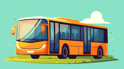 bus, Modern, flat vector illustration of an orange bus on green grass. Simple design with minimalist, colorful shapes.