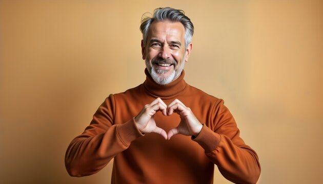 Middle-aged man displays affectionate gesture. Smiling man makes heart shape with hands. Senior adult expresses positive feelings. Friendly mature guy poses against beige studio backdrop. Indoor - Powered by Adobe