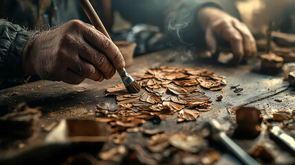 Artisan carefully working with wooden leaves on rustic table, showcasing craftsmanship and attention to detail