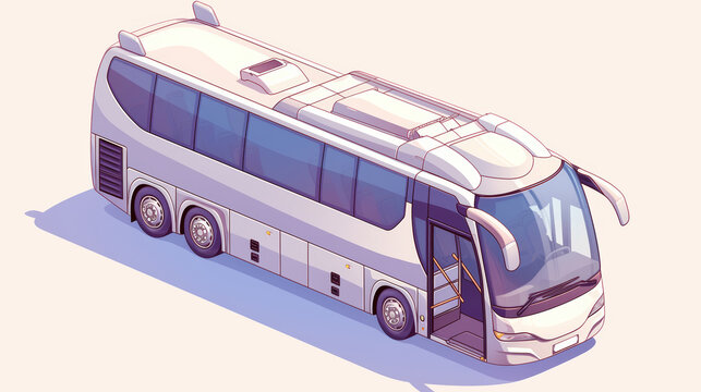 bus, Isometric vector illustration of a white bus, simple design, simple colors, flat color background, white background, 2D game art style, isomorphic proportions, cartoon-style, white background, h