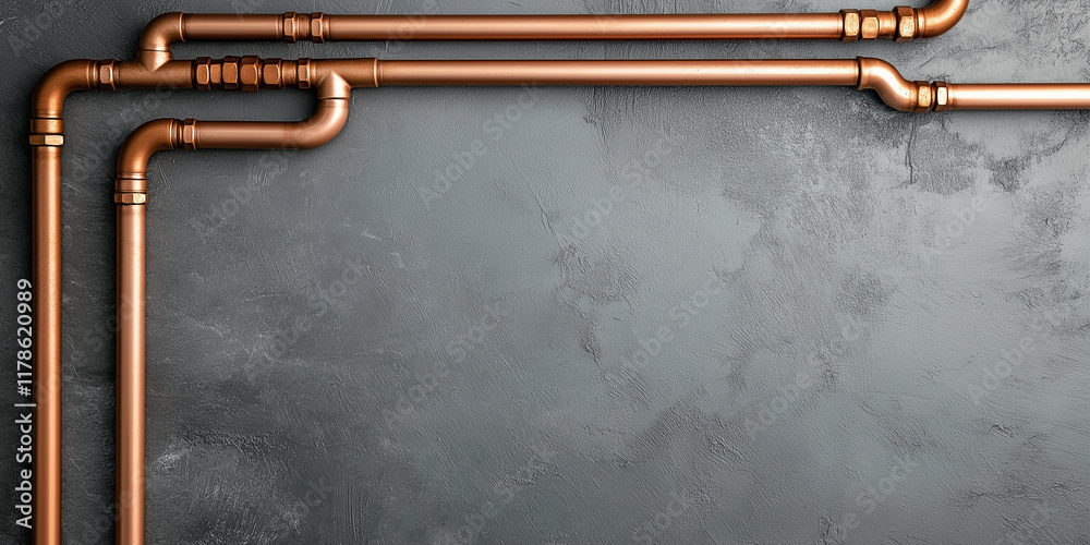 Fototapete copper pipes arranged on a textured grey concrete wall, creating a rustic industrial design. the pip