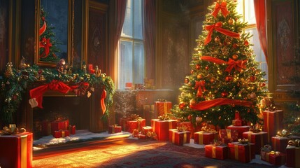 Fototapeta premium A traditional family Christmas scene with a tree decorated in red and gold, surrounded by gift-wrapped boxes tied with ribbons.