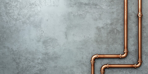 Copper pipes arranged on a textured grey concrete wall, creating a rustic industrial design. The pipes form an interesting frame, leaving space for text or imagery.