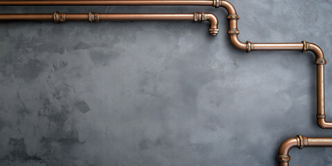 Copper pipes arranged on a textured grey concrete wall, creating a rustic industrial design. The pipes form an interesting frame, leaving space for text or imagery.
