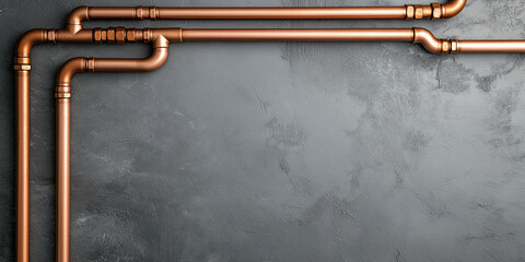 Copper pipes arranged on a textured grey concrete wall, creating a rustic industrial design. The pipes form an interesting frame, leaving space for text or imagery.