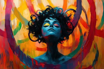 Fototapeta premium Vibrant circles surround a serene figure with expressive features and colorful hair
