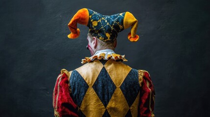 Vibrant Court Jester: Back View of Young Performer in Colorful Costume with Whimsical Cap and Striking Black-Gold Patterns