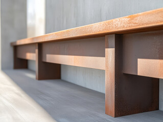 Rustic bench made of metal against a modern concrete wall in a well-lit indoor setting