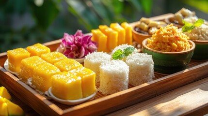 A colorful arrangement of Thai desserts, such as mango sticky rice and coconut puddings, displayed on a wooden tray, showcasing the sweetness and diversity of Thai sweets.