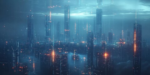 Futuristic Digital Skyline for International Open Data Day, New Years Eve, and Earth Day
