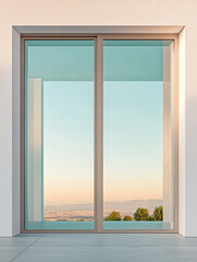 Modern glass sliding door reveals serene landscape at sunset in minimalist setting