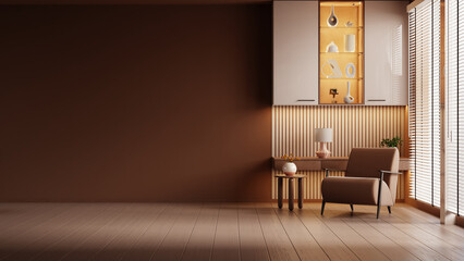 Living room interior in brown mocha mousse 2025 color with brown armchair  and decor- 3D rendering