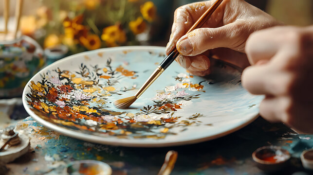 close up of artisan painting handmade ceramic plate with vibrant flowers and colors, showcasing creativity and skill