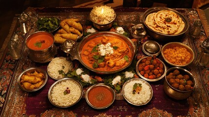 A colorful spread of popular Indian dishes, including butter chicken, naan, biryani, and samosas, beautifully arranged on a traditional Indian table setting with vibrant spices.