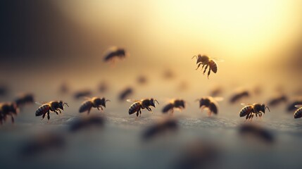 Fototapeta premium A serene close-up of bees swarming during sunset, showcasing their intricate details and the beauty of nature in motion.