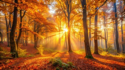 Fototapeta premium Golden hour illuminates a misty autumn forest, low light capturing the serene fog-laden woods.