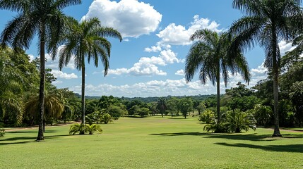 Tropical garden landscape, sunny day, lush greenery, distant hills, peaceful scene, travel brochure.