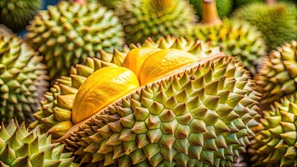 Golden yellow durian flesh fills the frame, a close-up showcasing its rich texture.