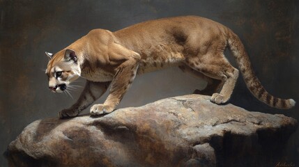 Naklejka premium Mature Male Cougar Poised in a Crouch on a Rocky Outcrop, Emphasizing the Wild Essence of this Majestic Feline