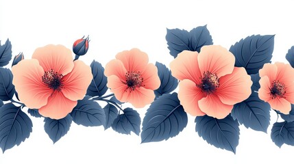 Obraz premium Seamless border of peach-colored flowers and dark blue leaves on white background.