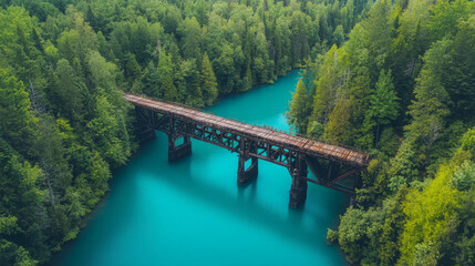 beautiful, Aerial view of an old wooden bridge over a turquoise lake surrounded by a dense forest, captured through remote control aerial photography.