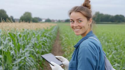 German woman farmer agronomist using digital tablet for examining corn