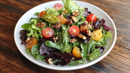 A vibrant salad with mixed greens, cherry tomatoes, nuts, and a light vinaigrette, served on a white plate, with a healthy