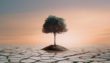 Goal of life, growth and motivation: Growing tree sprouting from cracked soil, resilience and hope.