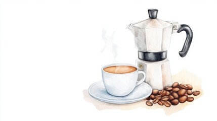 A steaming cup of coffee beside a stovetop espresso maker and scattered coffee beans on a white background.