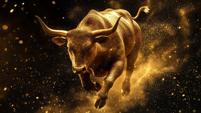 finance, 3D illustration of a golden bull, running towards the viewer against a black background, with gold dust swirling around it, in an ultra-realistic style.