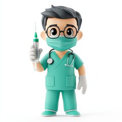 Cute 3D Nurse Character with Syringe and Stethoscope