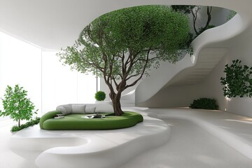 Minimalist Atrium with Green Lounge Area and Indoor Trees in a Bright Concrete Home Design