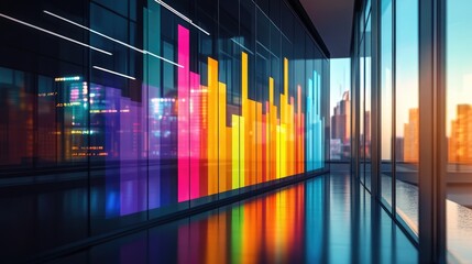 A dynamic D bar chart displaying financial data, with vibrant colors representing different categories, set against a sleek office background that emphasizes modernity.