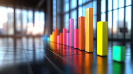 A dynamic D bar chart displaying financial data, with vibrant colors representing different categories, set against a sleek office background that emphasizes modernity.