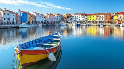 Colorful harbor town, boat, calm water, sunny day, travel destination.