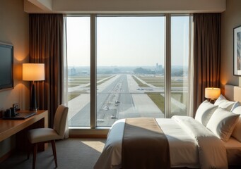 Fototapeta premium Luxurious hotel room with runway view and modern design near airport