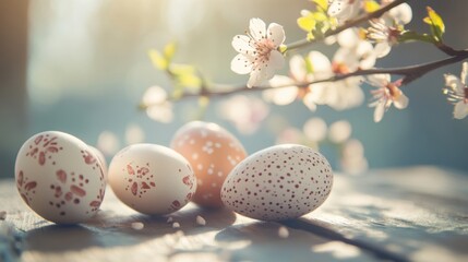 Fototapeta premium Close-up of Easter eggs arranged on a sunlit wooden table, surrounded by spring blossoms, symbolizing rebirth.
