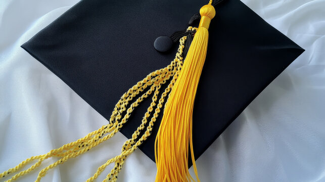 beautiful, A black graduation cap with a yellow tassel on a white background, captured in a close-up view with high resolution, professional photography, no blur, sharp focus, studio lighting, and a 