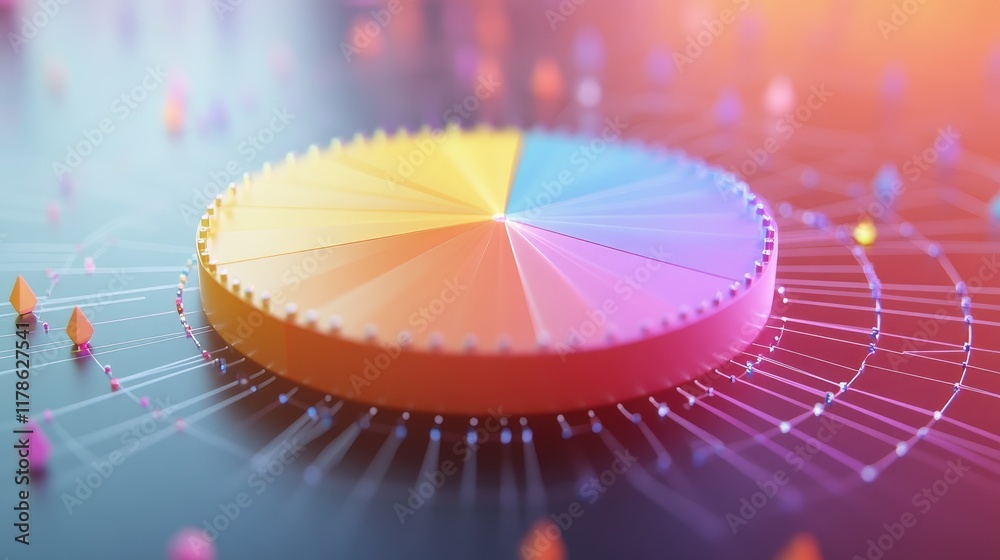 Poster a dynamic d pie chart with spinning segments, surrounded by floating data points, symbolizing real-t