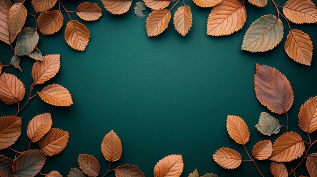 beautiful, Leaves framed against a dark green background, flat lay, top view, high-resolution photography, high quality, multi-detail, HD, 8K, --no text fonts letters watermark words typography sloga