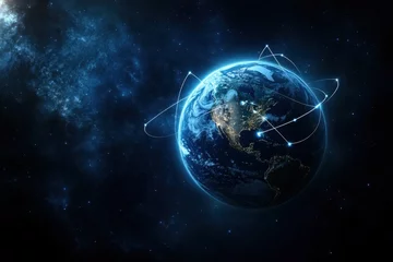 Selbstklebende Fototapeten Global network connection orbiting Earth, space background, futuristic communication © shafiyyah