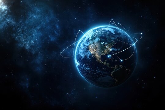 Global network connection orbiting Earth, space background, futuristic communication