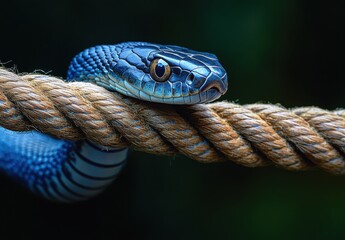 A Captivating Close-Up of a Blue Snake Resting on a Thick Rope Against a Dark Natural Background, Showcasing Intricate Textures and Vibrant Colors of Wildlife