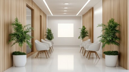 Fototapeta premium 3D Rendering of a Modern Office Corridor Interior Featuring a Blank Wall for Customization and Design Ideas.
