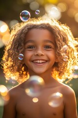Fototapeta premium Share a Smile Day Joyful Children Blowing Bubbles in Sunlit Park - Perfect for World Kindness Day and International Childrens Day Celebrations