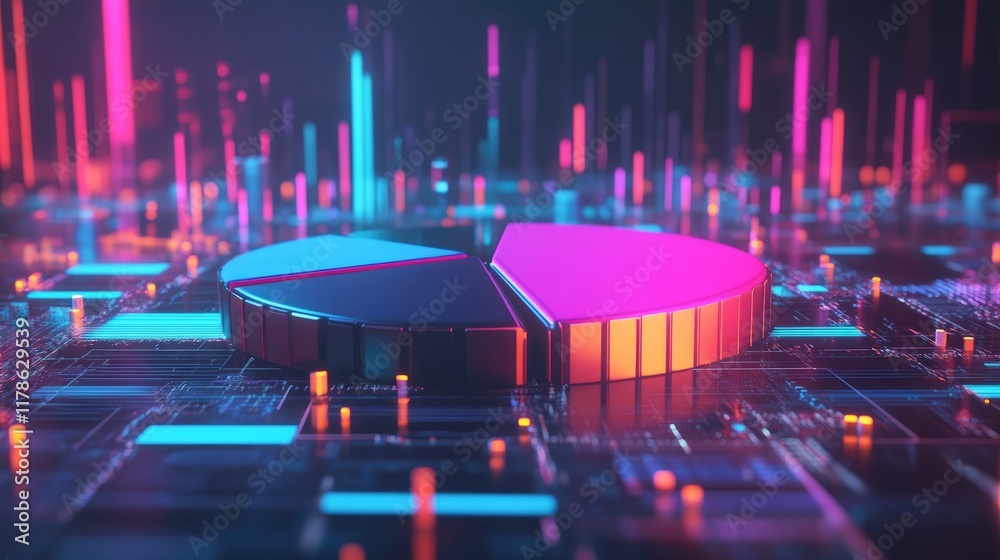 Poster a futuristic d pie chart with glowing segments, rotating slowly above a virtual platform, representi