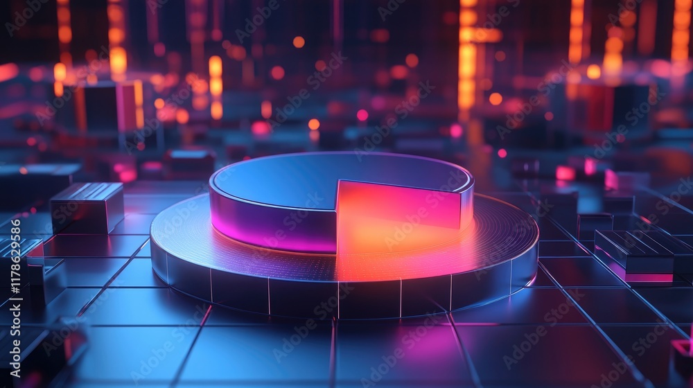 Poster a futuristic d pie chart with glowing segments, rotating slowly above a virtual platform, representi